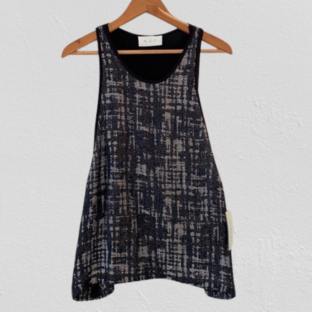 NWT A.L.C. 2013 Knit Layered Tank Black & Silver/White Linen Women's Large